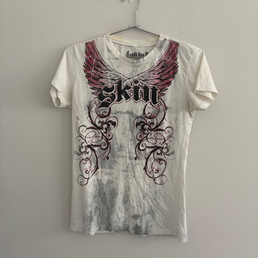 Skin Industries Wings Graphic Tee White Large Y2K Grunge Cyber Shirt